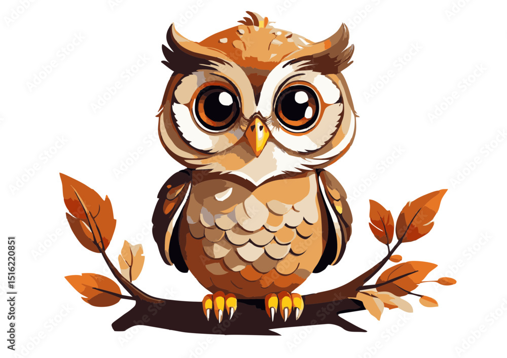 Fototapeta premium Adorable Cartoon Owl Perched on Autumn Branch A Cute Illustration
