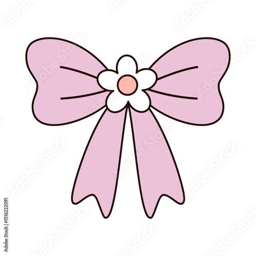 Cute bow, Coquette bow, violet ribbon isolated cartoon festive object. Hand drawn vector illustration in flat style.