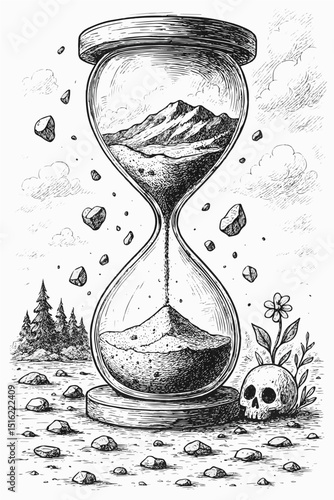 Sketch of an hourglass with mountains inside and sand flowing down

