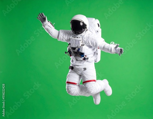Astronaut jumping against green background