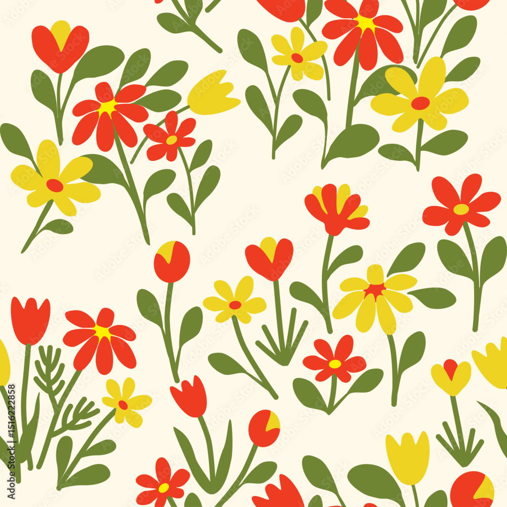 Seamless floral pattern with yellow and red flowers and green leaves, on almost white background. Could be used as print for card, fabric, textile, wallpaper, ribbon, texture, wrapping paper. Seamless floral pattern with yellow and red flowers and green leaves, on almost white background. Could be used as print for card, fabric, textile, wallpaper, ribbon, texture, wrapping paper.