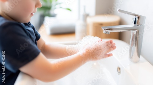 Child washing hands with soap at sink	