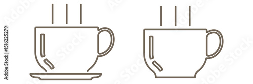 Cup linear icon set isolated on transparent background. Simple coffee or tea cup with steam vector illustration. Editable Stroke.