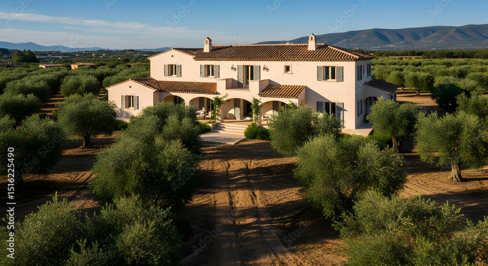 Obraz premium Elegant Estate Surrounded By Olive Groves Under A Blue Sky On Sunny Day