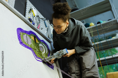 African american craftswoman making rug with rug tufting gun