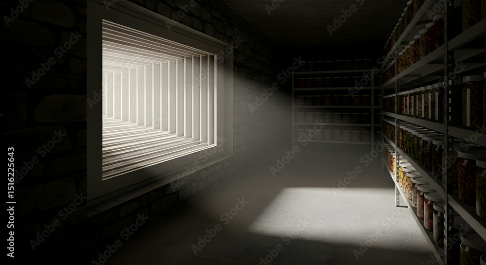 Obraz premium Interior View Of A Pantry With Shelves Stocked With Food Under Low Light