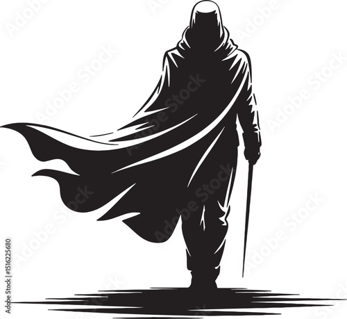 Mysterious figure walking with long cloak and cane