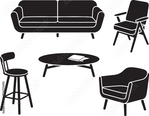 Modern mid century living room furniture set silhouette