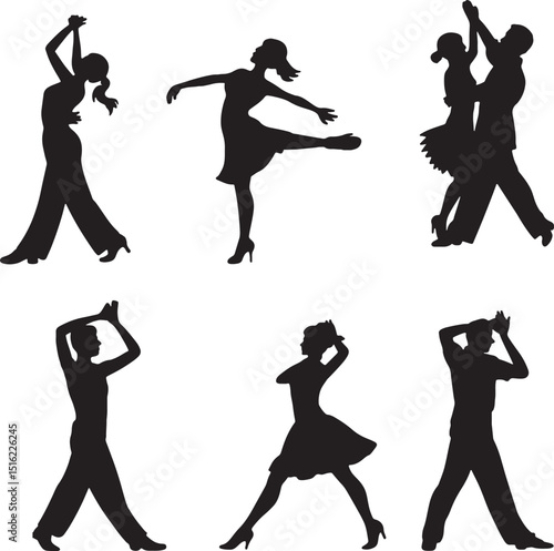 Silhouettes of ballroom dancers in various poses