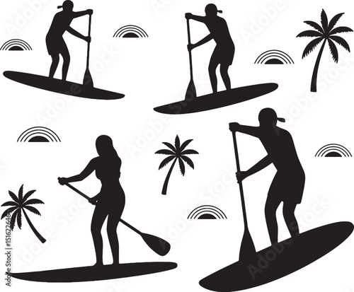 Stand up paddle boarding silhouettes tropical scene