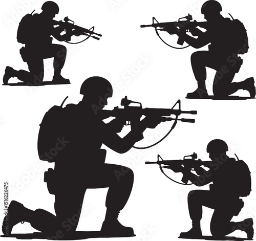 Soldiers kneeling silhouettes with rifles military combat