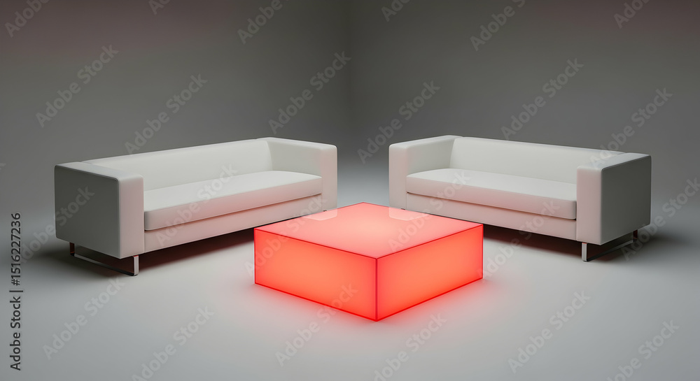 Modern White Sofas And Illuminated Red Coffee Table In Empty Room