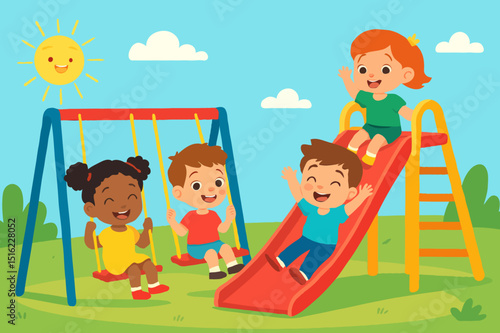 Happy Diverse Kids Playing on Playground Outdoor Summer Fun Illustration