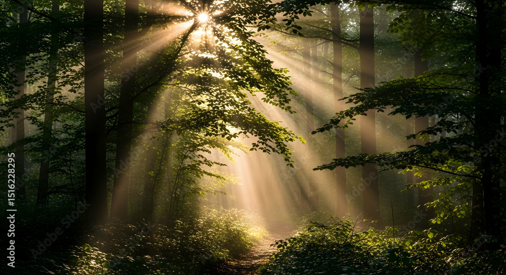 Obraz premium Enchanting Sunlight Filtering Through Dense Woodland Canopy Scene