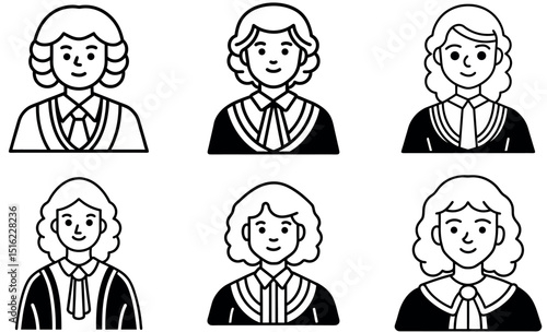 Six female judge icons in black and white.
