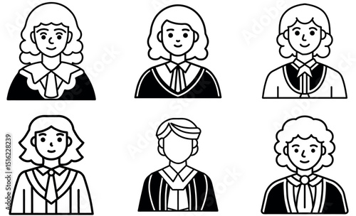 Six female judge icons in black and white.