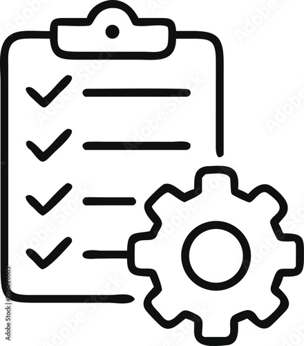 Clipboard with gear icon in line style., Technical support check list isolated on white background, Management business concept, vector illustration