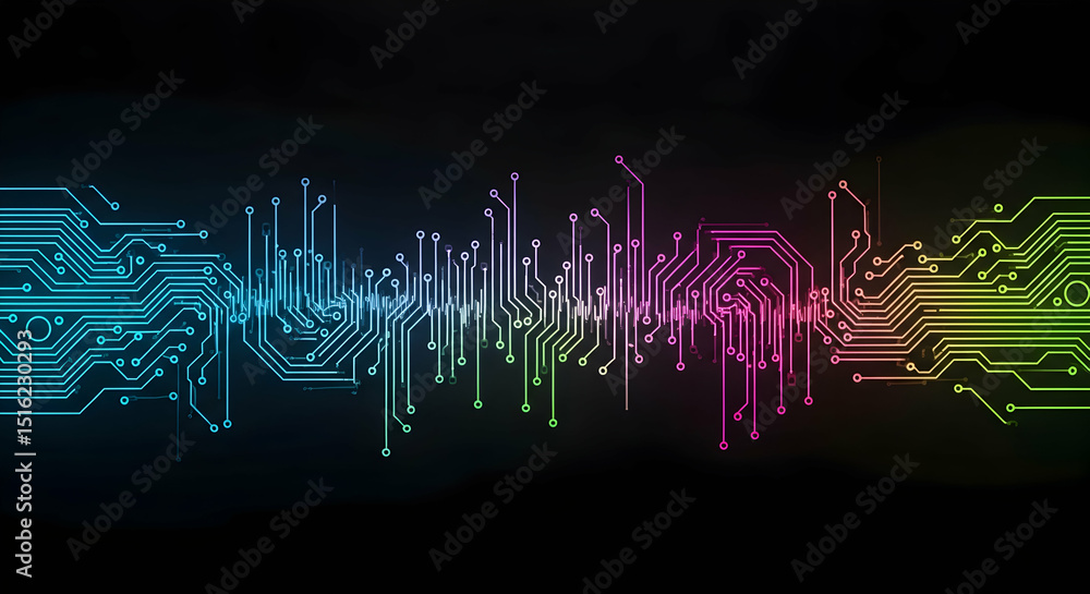 Obraz premium Digital Circuit Board Design With Vibrant Colors On Dark Background