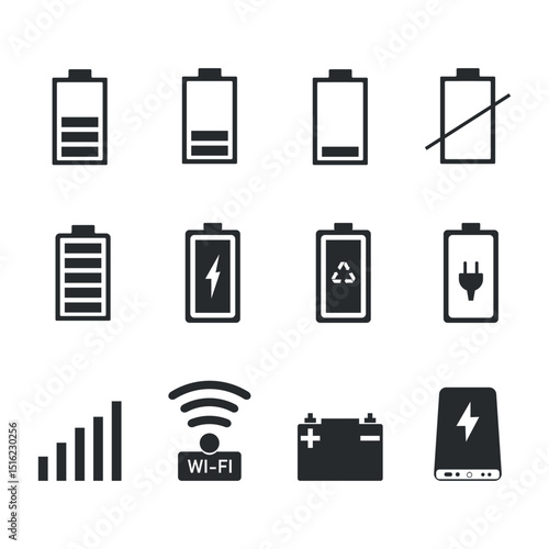 Battery and Power Icon Set. Minimalist icon pack showing full range of battery states: empty, low, medium, full, charging, recyclable, and plugged in.