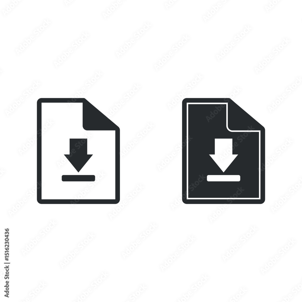Download File Icons Set – Outline and Solid Design. Minimalist download icons showing documents with arrows in monochrome design. Perfect for UI, websites, and apps.