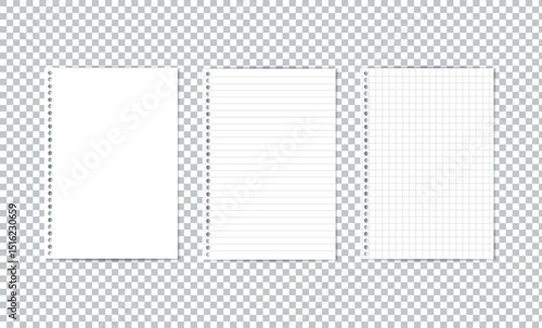 Realistic Notebook Paper Sheets Set — Blank, Lined, and Grid. Vector template of white notebook paper collection with ring binding holes. Includes grid paper, lined paper, and blank paper.
