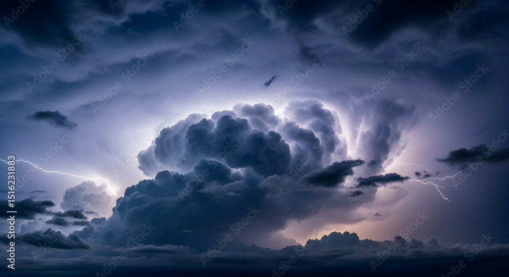 Obraz premium Dramatic Lightning Strikes Across Turbulent Storm Clouds in the Night Sky