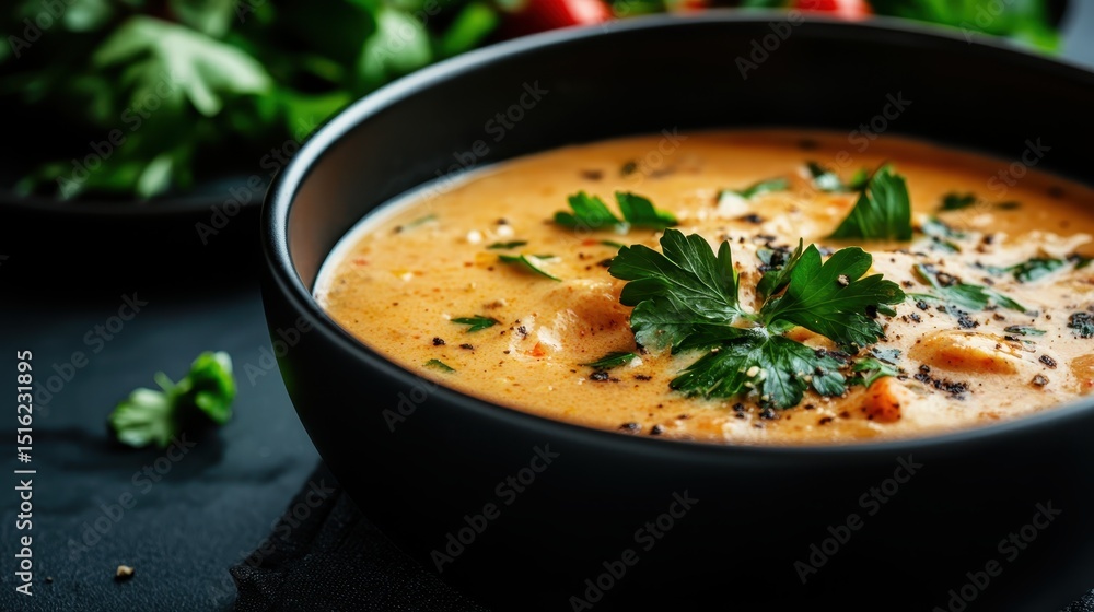 A rich and flavorful soup garnished with fresh herbs in a black bowl showcases culinary expertise and the art of cooking, delivering a comforting and appetizing visual appeal. A rich and flavorful soup garnished with fresh herbs in a black bowl showcases culinary expertise and the art of cooking, delivering a comforting and appetizing visual appeal.