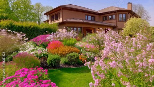 Expansive garden with colorful flowers in front of a large house under a clear blue sky day time