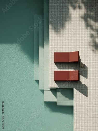 Minimalist poolside with red chairs	