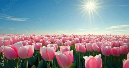 Field of pink tulips with clear blue sky