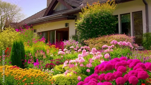 House with lush garden featuring colorful flowers in full bloom on a sunny day landscape view