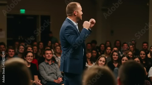 Engaging speaker captivating an audience in a conference hall, with attendees reacting positively