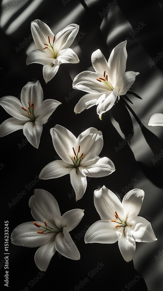 Lily and Chamomile in Glass Vase with Sunlight, Elegant Green Plants on Black Background for Nature Wallpaper and Home Decor Lily and Chamomile in Glass Vase with Sunlight, Elegant Green Plants on Black Background for Nature Wallpaper and Home Decor