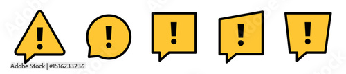 Conjunto de iconos de globos de diálogo con símbolo de advertencia. Alertas en comunicación, mensajes de precaución, avisos de riesgo, advertencia textual y señales de peligro. Ilustración vectorial