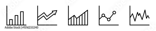 Conjunto de iconos de gráficas de estadísticas. Finanzas, crecimiento de datos, análisis de métricas, progreso visual y tendencias numéricas. Ilustración vectorial