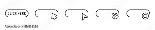 Conjunto de iconos de clic aquí. Interacción digital, clic en el botón, navegación web, llamada a la acción, clic táctil. Ilustración vectorial