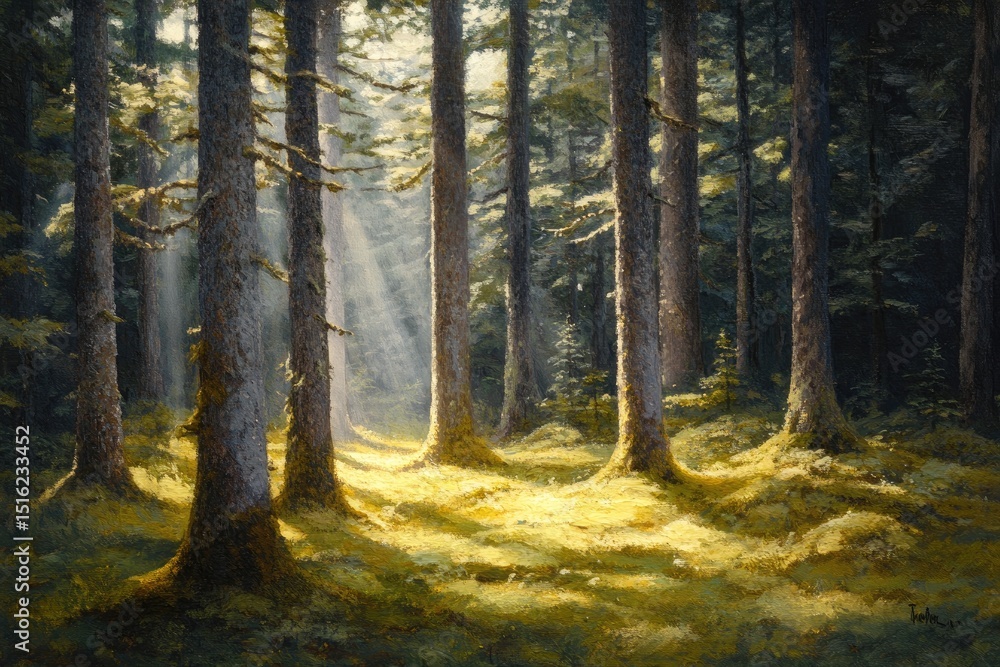 Obraz premium Sunlight streams through a dense forest (1)