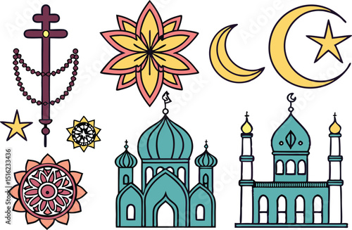 Religious and Spiritual Symbols Colorful Illustrations Pack. Colorful Religious Symbols and Spiritual Illustrations. Spiritual and Religious Symbols Set in Vibrant Style