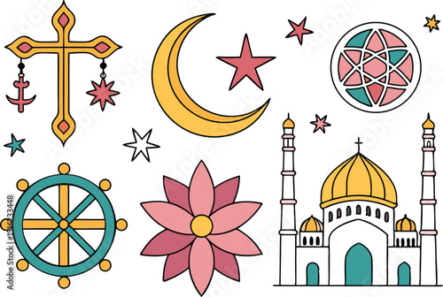 Religious and Spiritual Symbols Colorful Illustrations Pack
Colorful Religious Symbols and Spiritual Illustrations. Spiritual and Religious Symbols Set in Vibrant Style