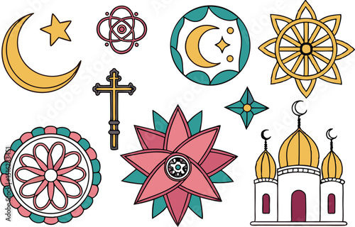Religious and Spiritual Symbols Colorful Illustrations Pack. Colorful Religious Symbols and Spiritual Illustrations. Spiritual and Religious Symbols Set in Vibrant Style