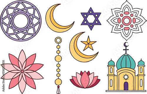 Religious and Spiritual Symbols Colorful Illustrations Pack. Colorful Religious Symbols and Spiritual Illustrations. Spiritual and Religious Symbols Set in Vibrant Style