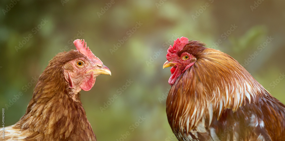 Fototapeta premium Close-up of a brown hen and a red-brown rooster facing each other, their features detailed against a soft, blurred natural background.