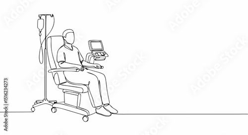 Chemo patient sitting in hospital chair with IV drip and monitor  