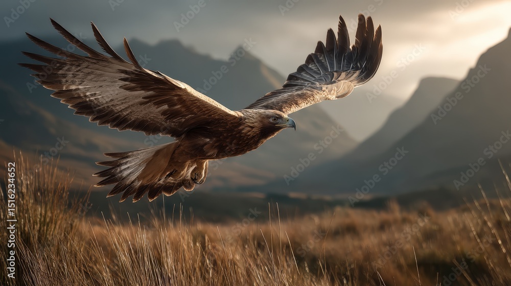 Naklejka premium Majestic Eagle Soaring Over a Scenic Mountain Landscape at Sunset