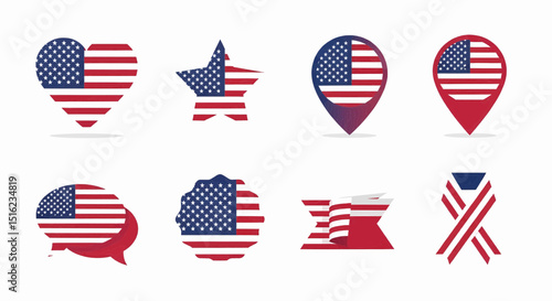 Patriotic American Flag Icons Heart, Star, Map Markers & More