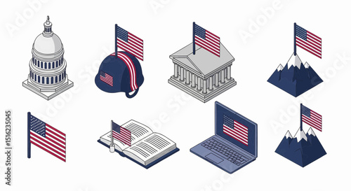 Patriotic American Symbols Isometric Illustrations of US Icons
