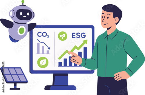 ESG Growth Vector Illustration. Man and Robot with Environmental Data.
