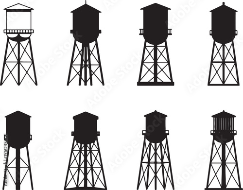 Eight silhouettes of water towers various designs