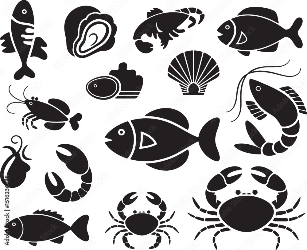 Obraz premium Seafood icons black and white graphic design