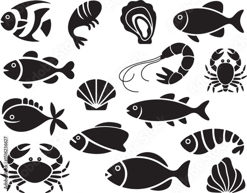 Seafood icons black and white graphic design